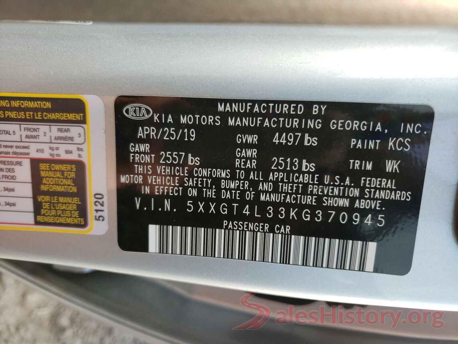 5XXGT4L33KG370945 2019 KIA OPTIMA