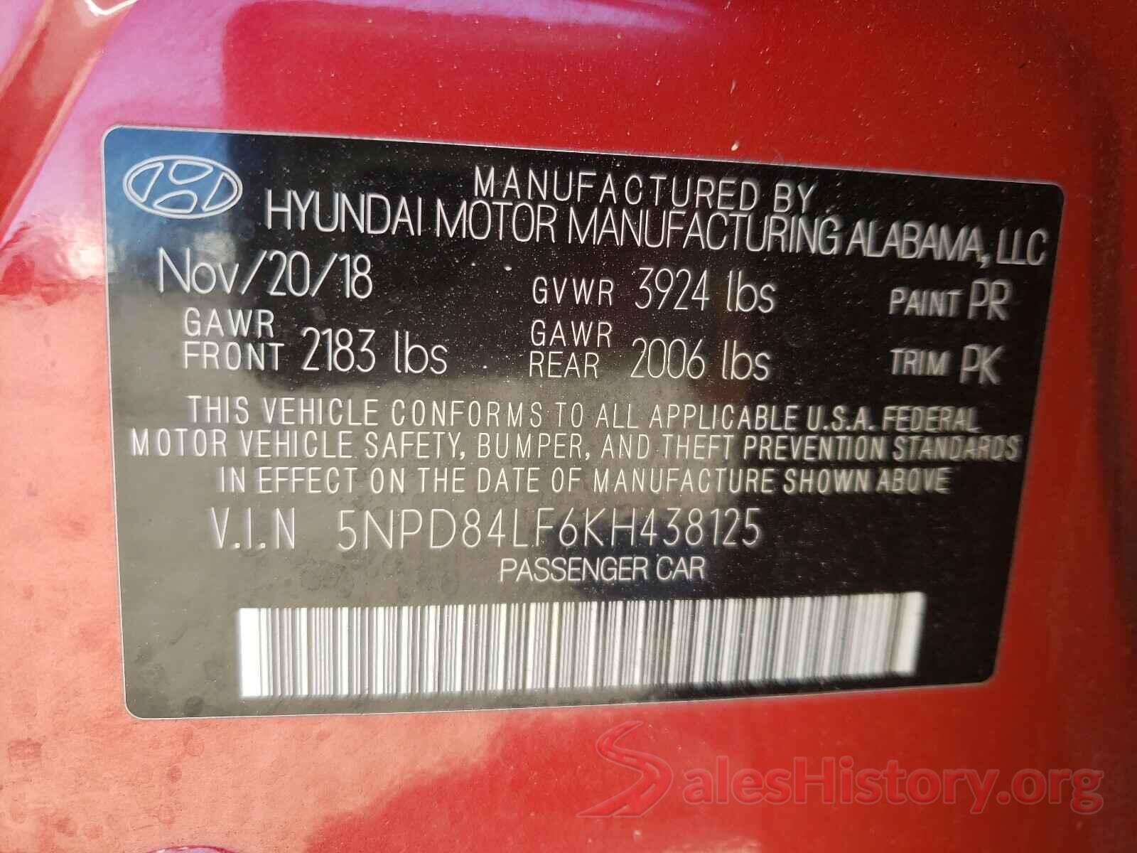 5NPD84LF6KH438125 2019 HYUNDAI ELANTRA