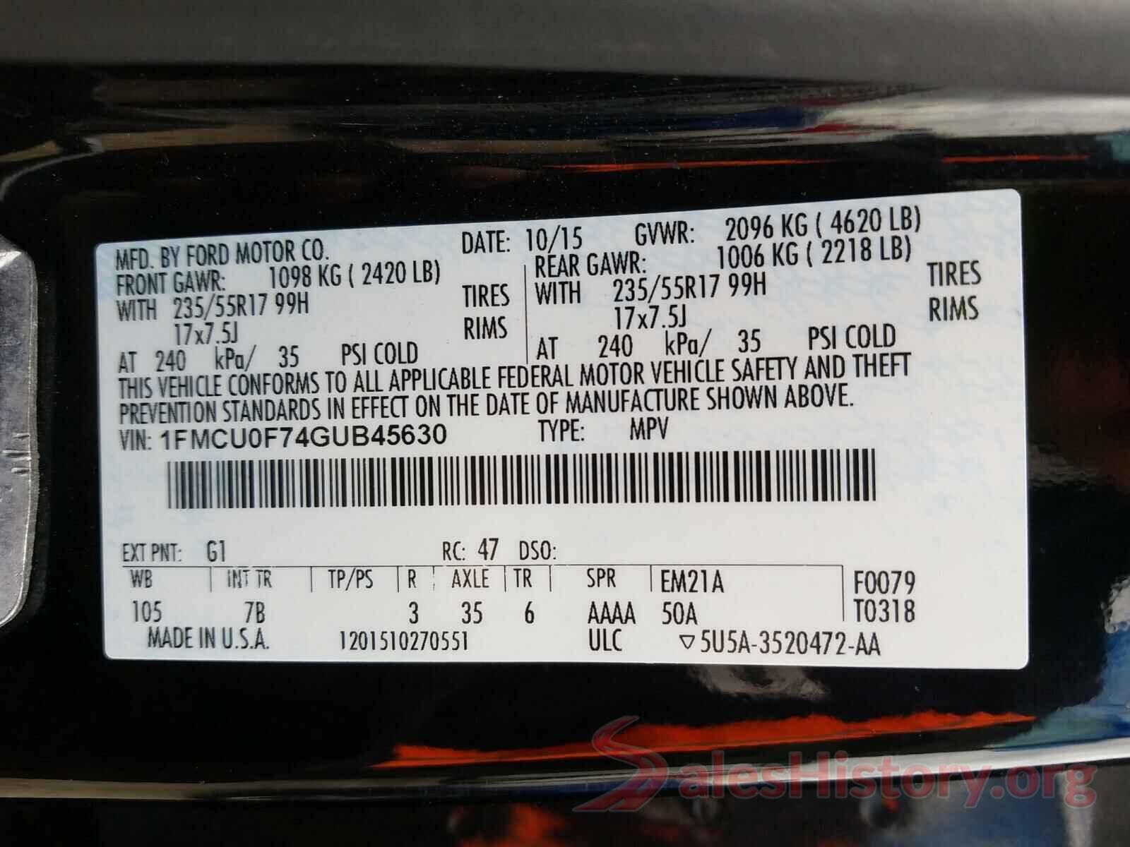 1FMCU0F74GUB45630 2016 FORD ESCAPE