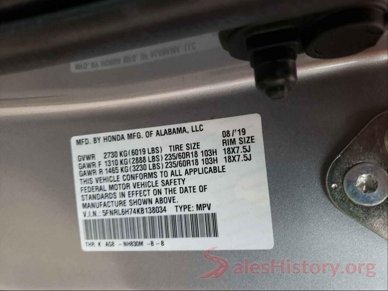 5FNRL6H74KB138034 2019 HONDA ODYSSEY