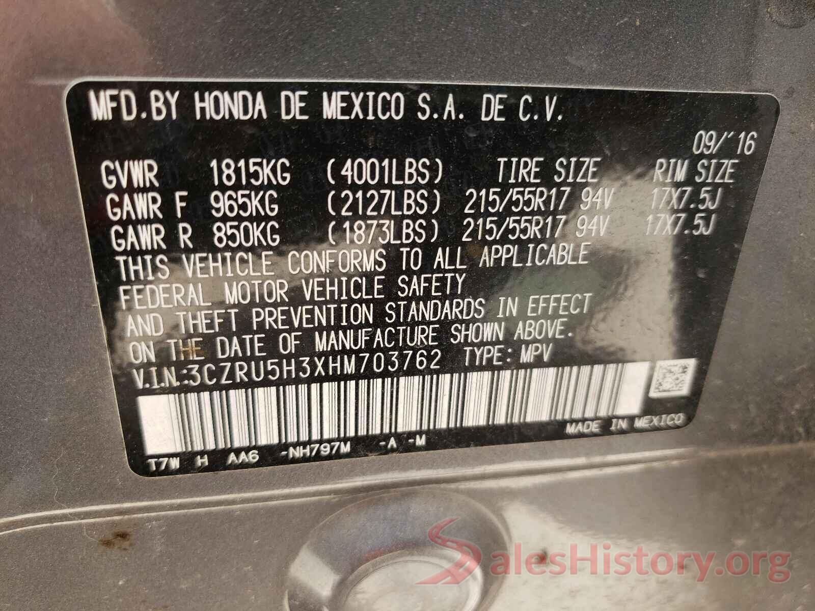 3CZRU5H3XHM703762 2017 HONDA HR-V