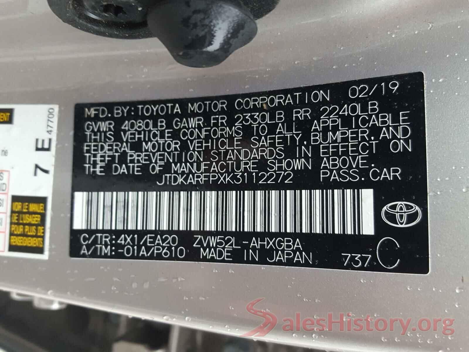 JTDKARFPXK3112272 2019 TOYOTA PRIUS