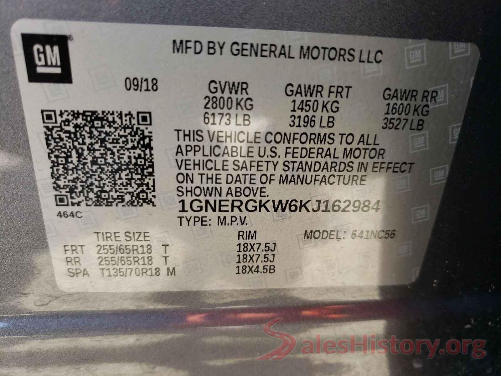 1GNERGKW6KJ162984 2019 CHEVROLET TRAVERSE