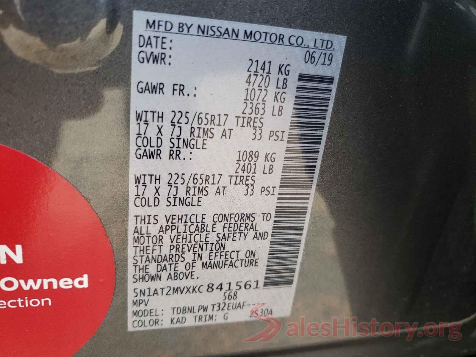 5N1AT2MVXKC841561 2019 NISSAN ROGUE