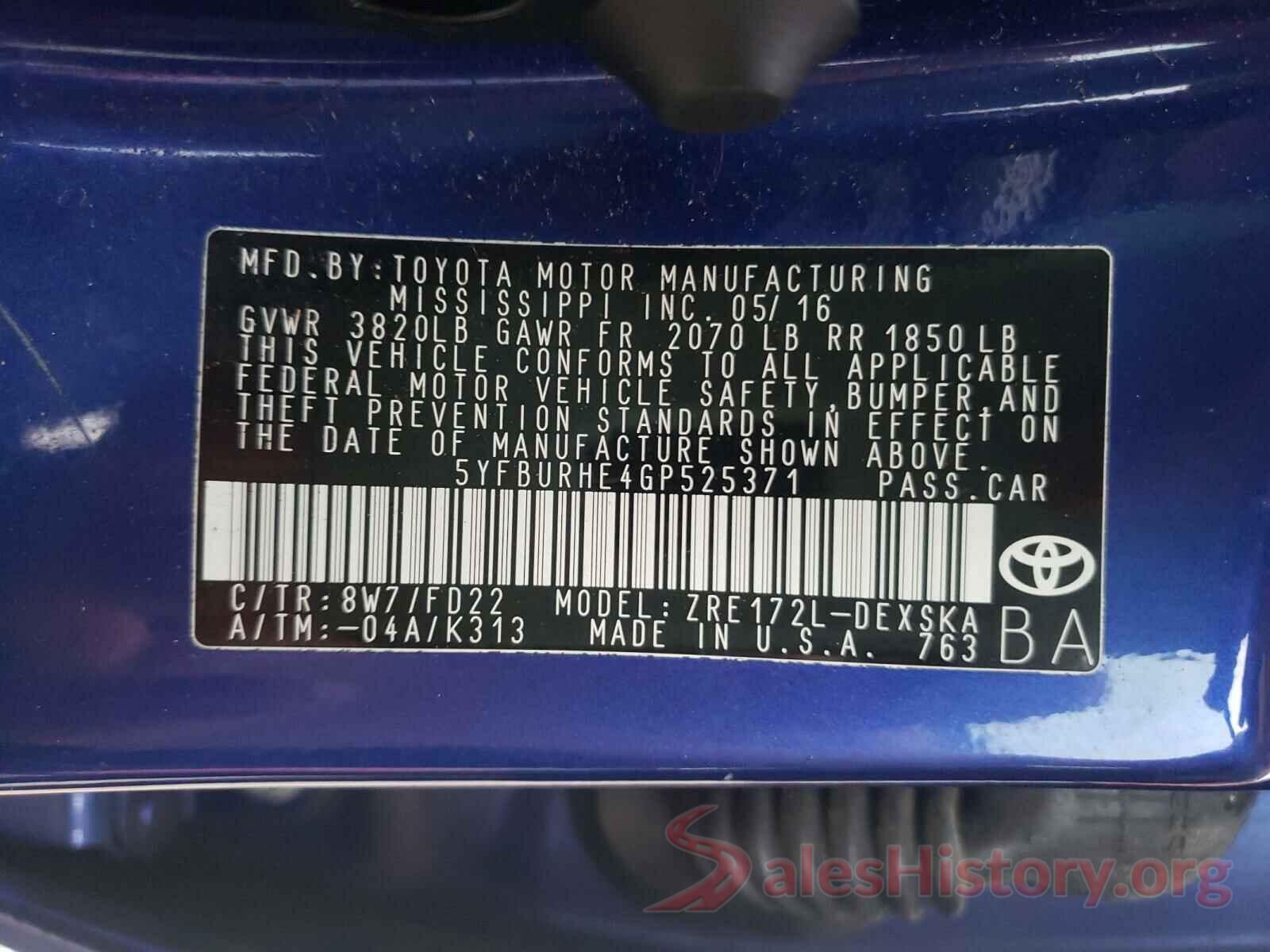 5YFBURHE4GP525371 2016 TOYOTA COROLLA