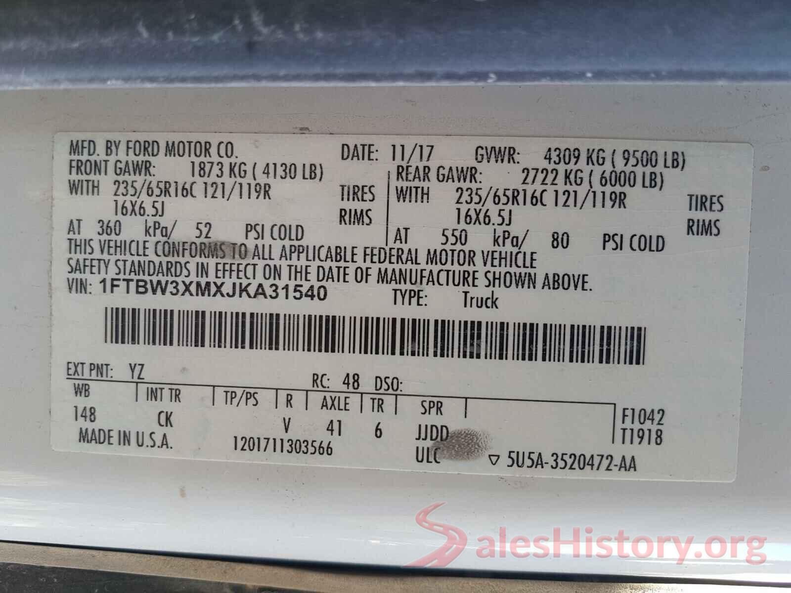 1FTBW3XMXJKA31540 2018 FORD TRANSIT CO