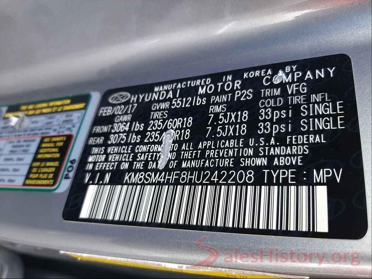 KM8SM4HF8HU242208 2017 HYUNDAI SANTA FE