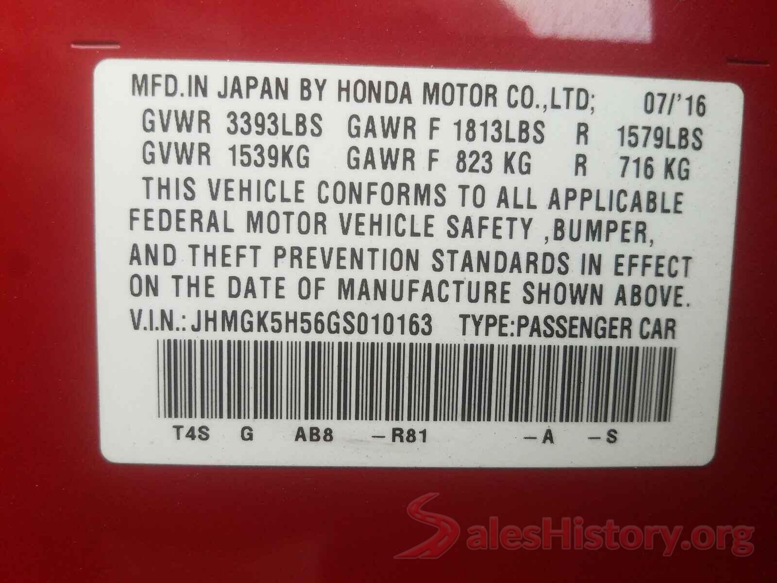 JHMGK5H56GS010163 2016 HONDA FIT