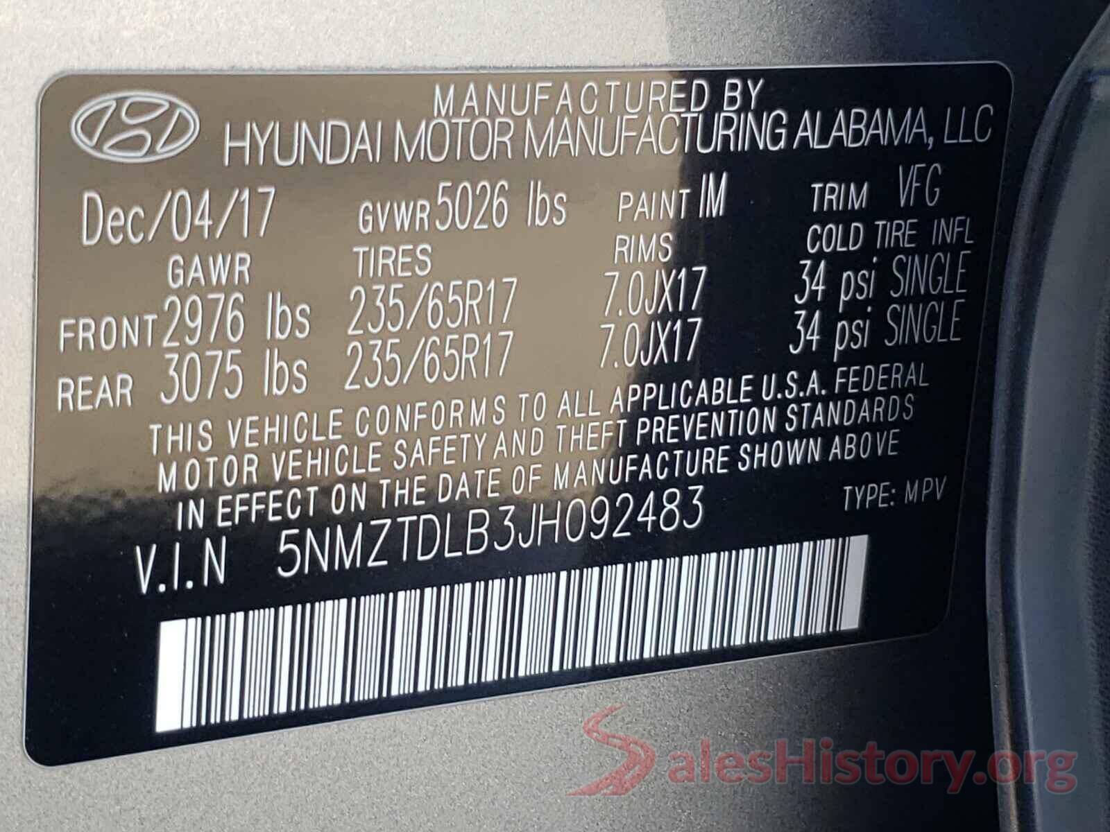 5NMZTDLB3JH092483 2018 HYUNDAI SANTA FE