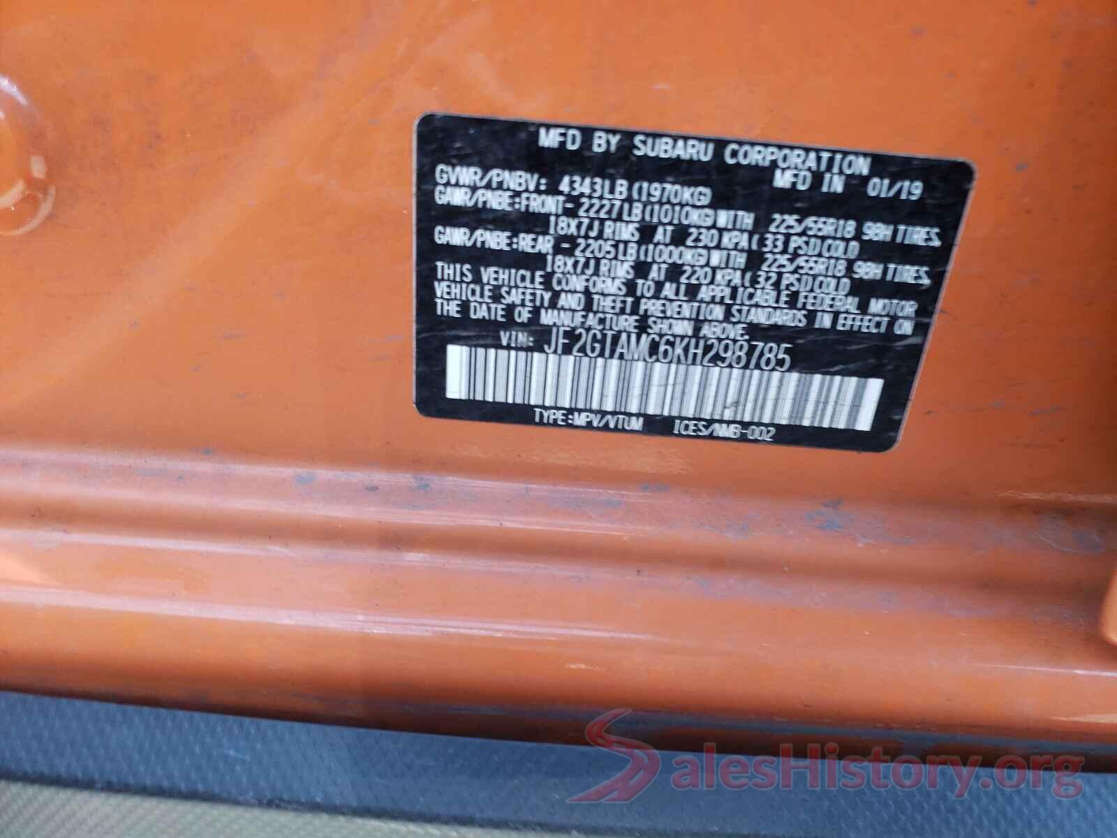 JF2GTAMC6KH298785 2019 SUBARU CROSSTREK