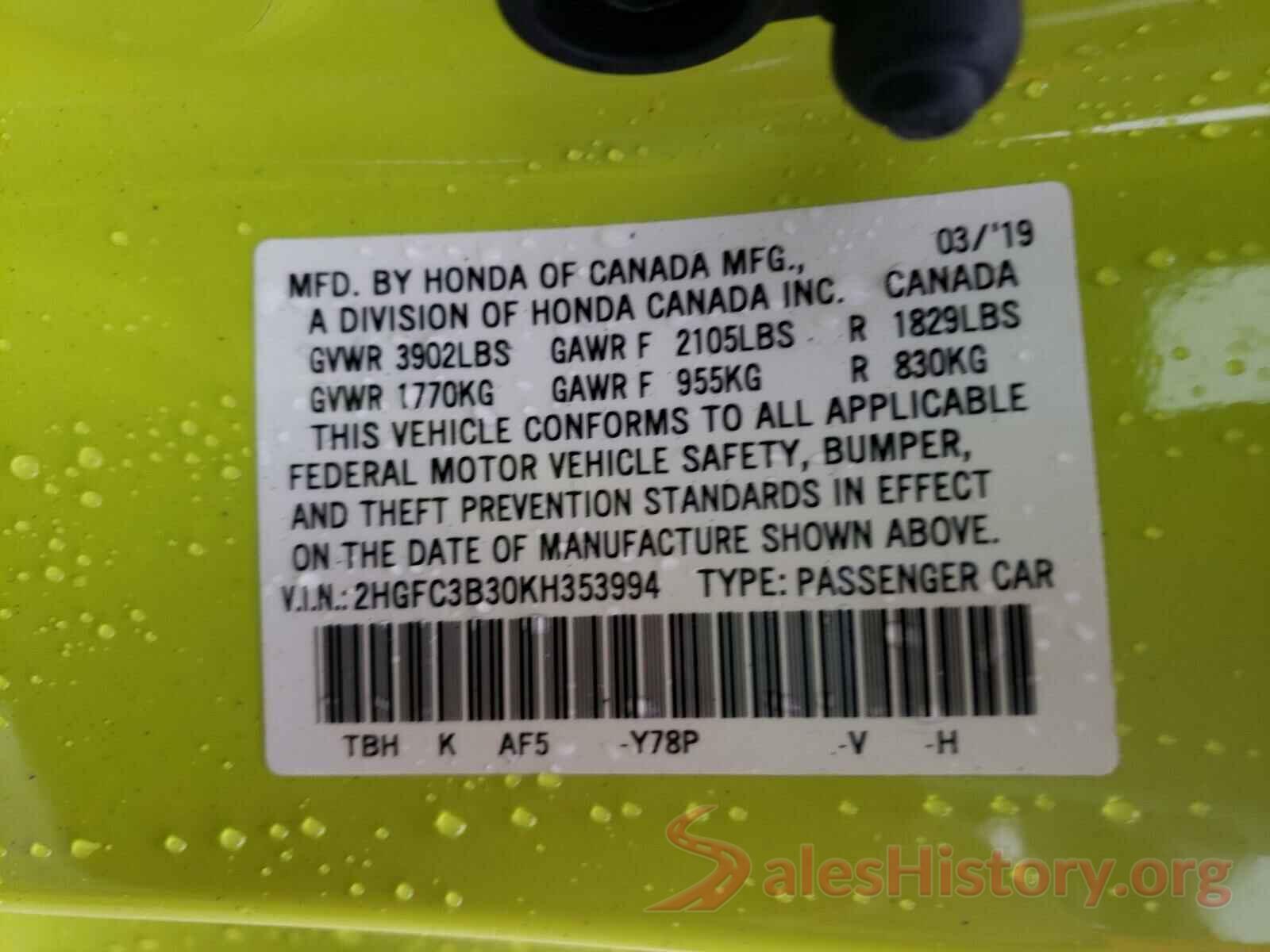 2HGFC3B30KH353994 2019 HONDA CIVIC