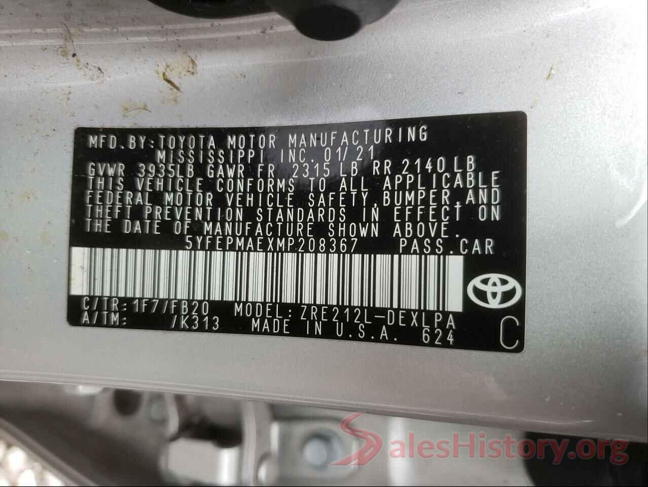 5YFEPMAEXMP208367 2021 TOYOTA COROLLA