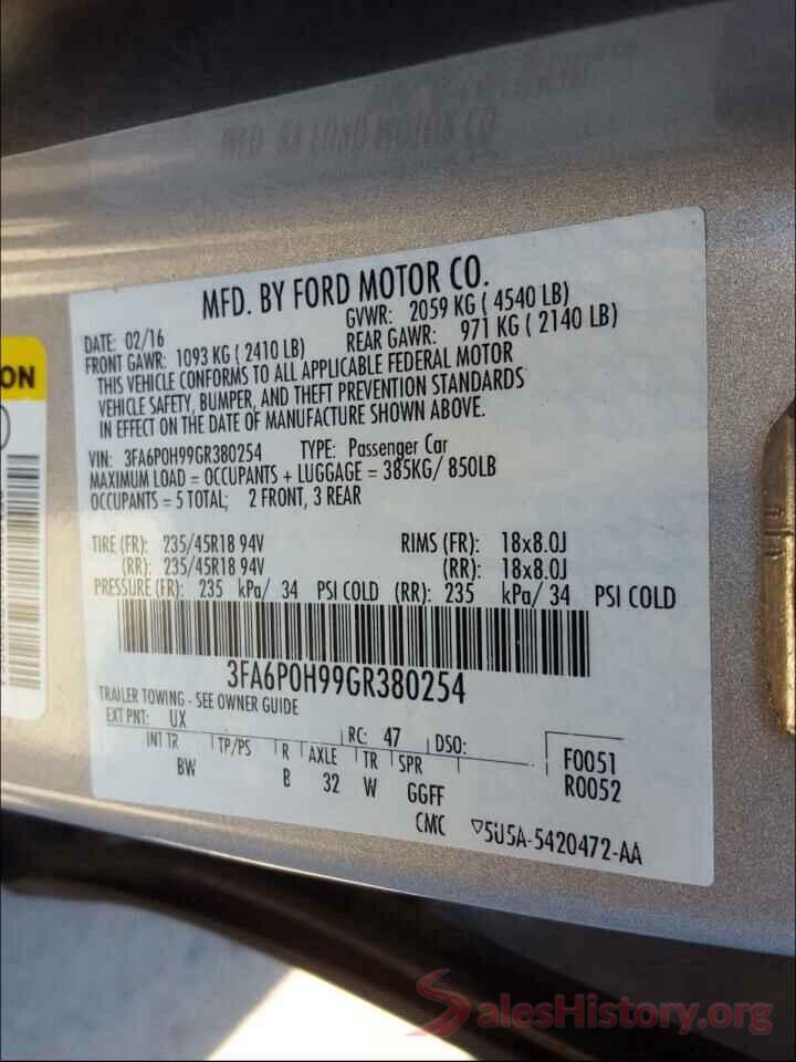 3FA6P0H99GR380254 2016 FORD FUSION