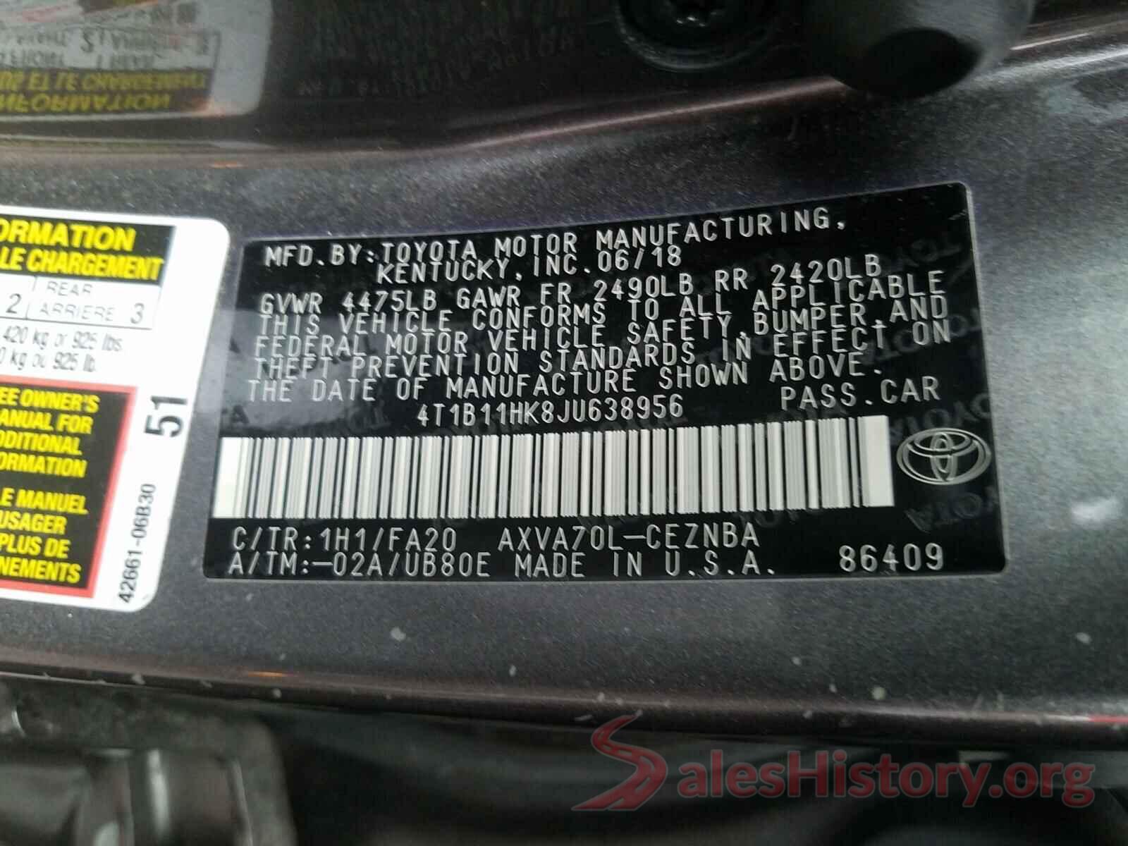 4T1B11HK8JU638956 2018 TOYOTA CAMRY