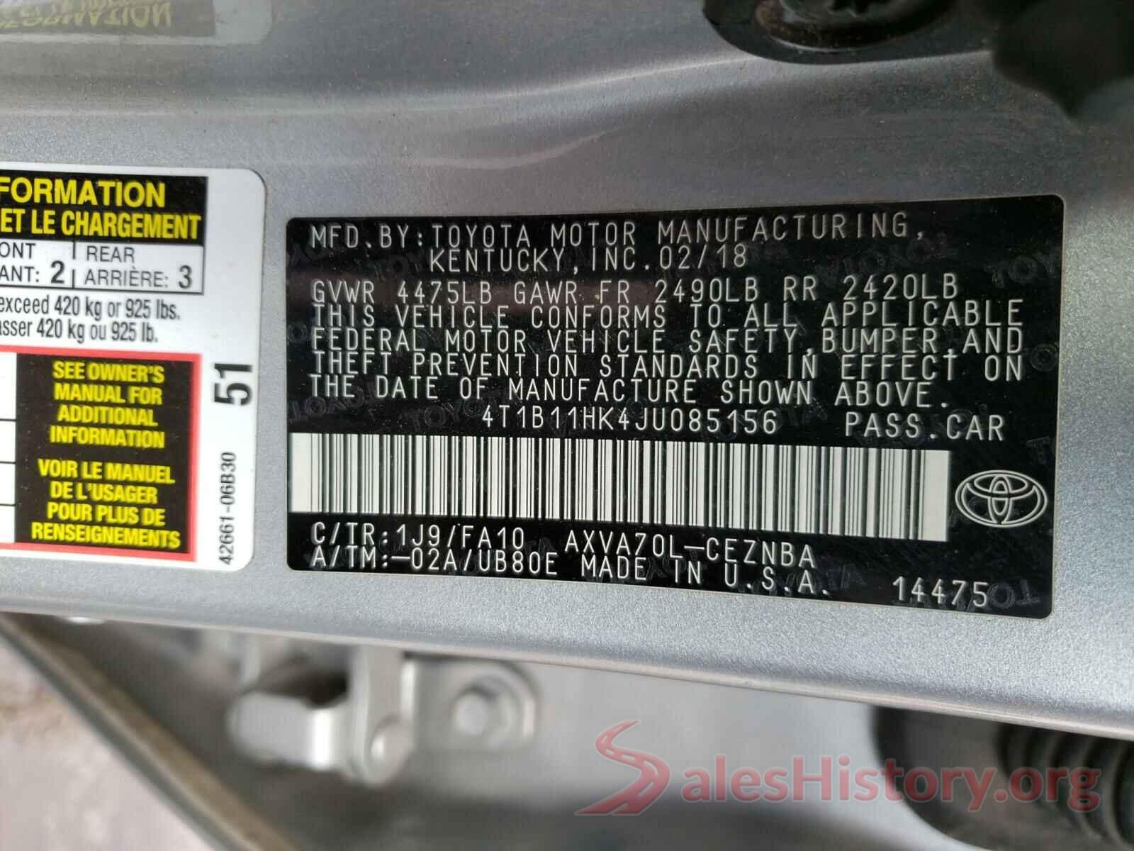 4T1B11HK4JU085156 2018 TOYOTA CAMRY