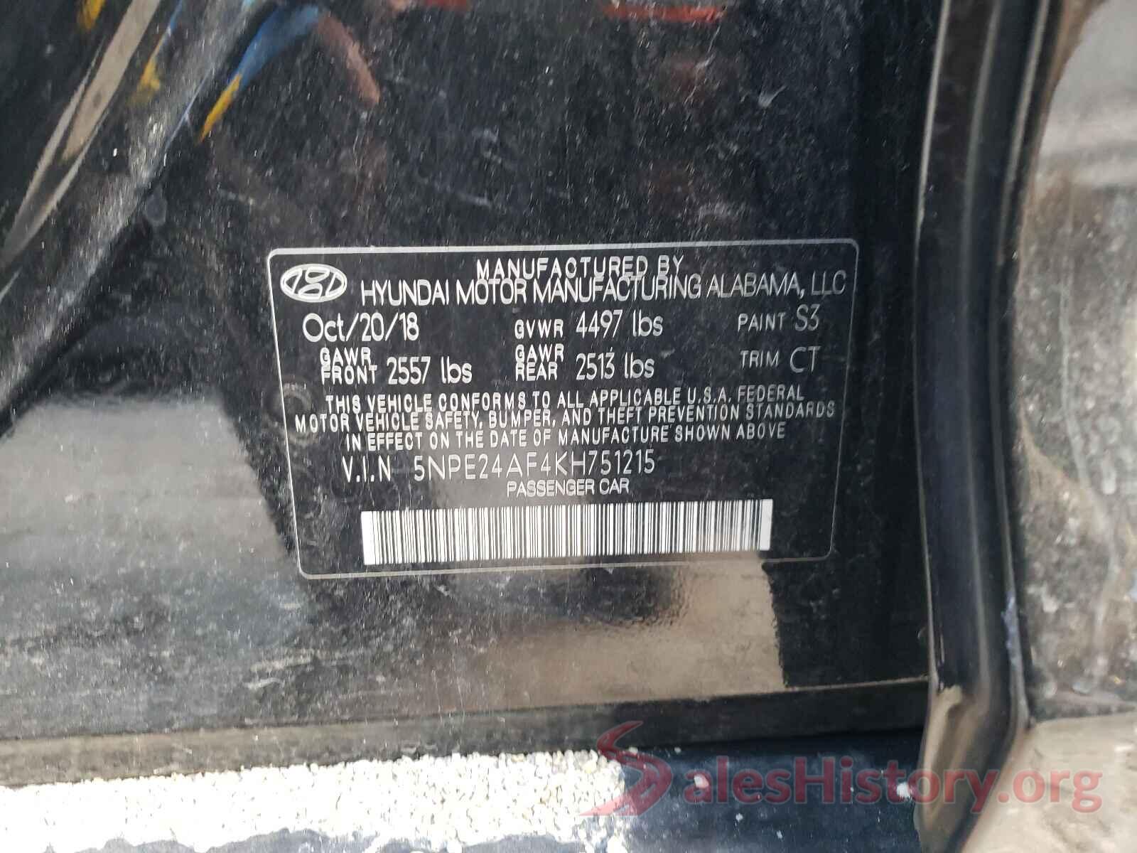 5NPE24AF4KH751215 2019 HYUNDAI SONATA