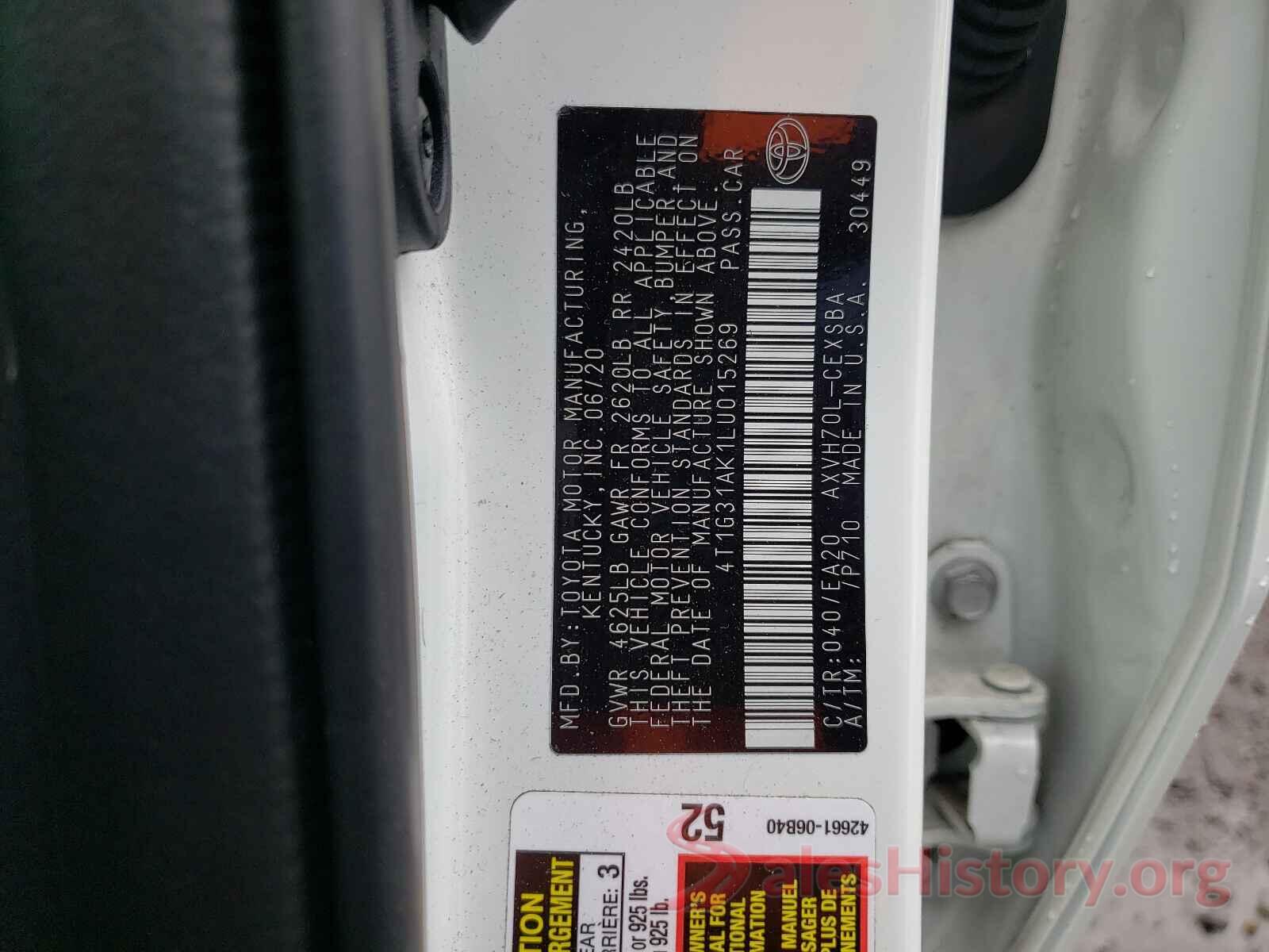 4T1G31AK1LU015269 2020 TOYOTA CAMRY