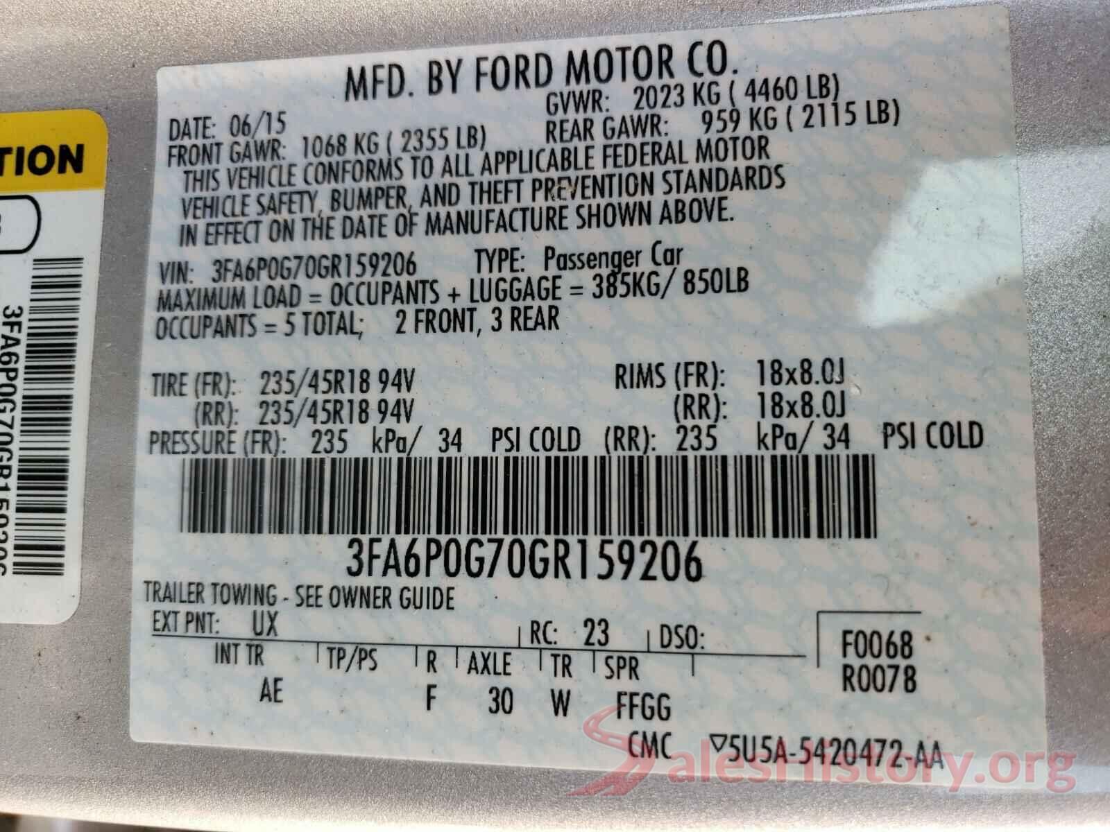 3FA6P0G70GR159206 2016 FORD FUSION