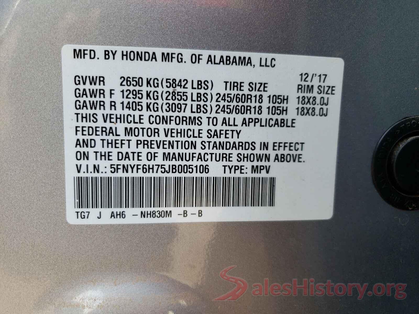 5FNYF6H75JB005106 2018 HONDA PILOT