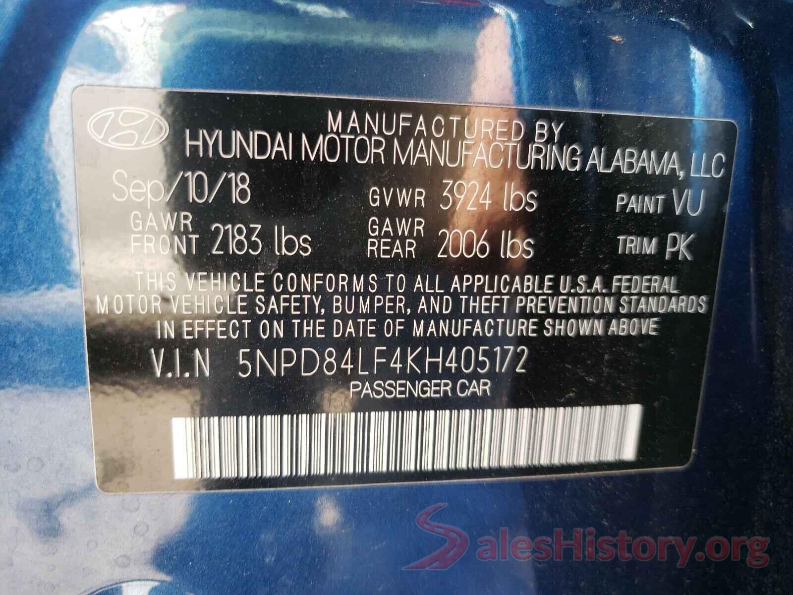 5NPD84LF4KH405172 2019 HYUNDAI ELANTRA