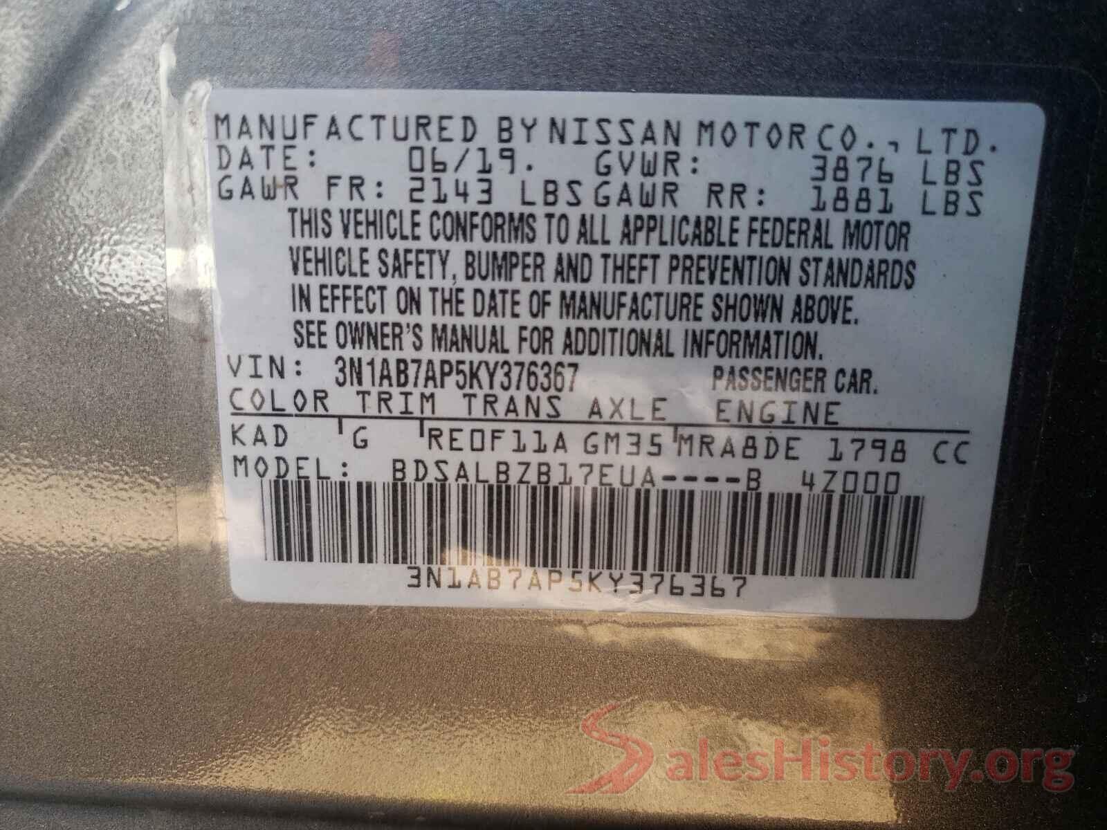 3N1AB7AP5KY376367 2019 NISSAN SENTRA