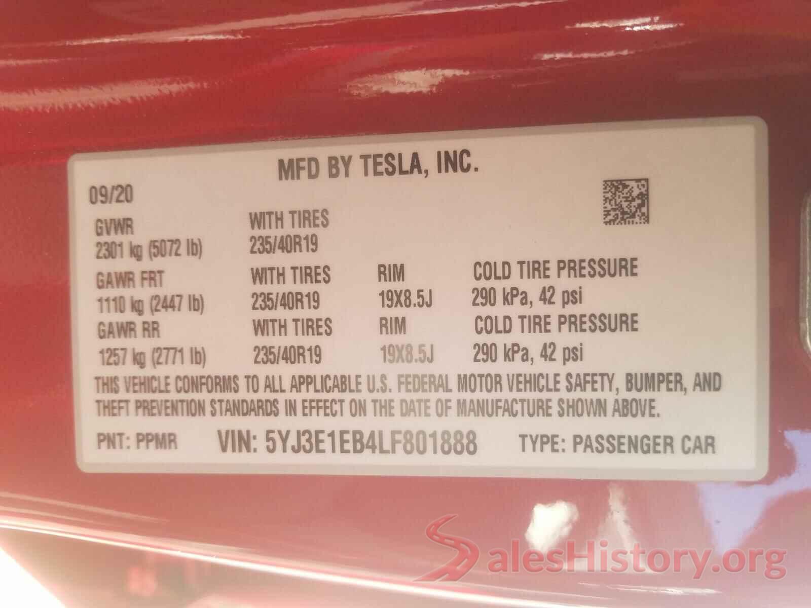 5YJ3E1EB4LF801888 2020 TESLA MODEL 3