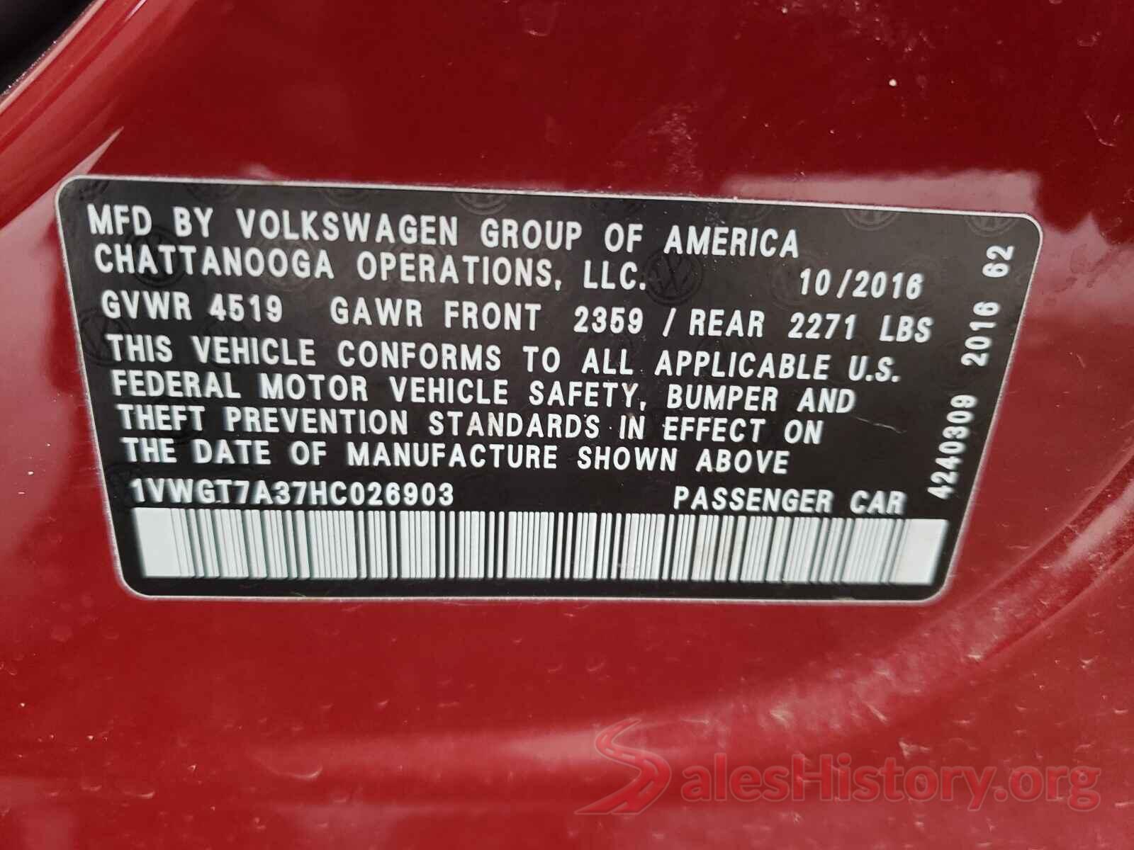 1VWGT7A37HC026903 2017 VOLKSWAGEN PASSAT