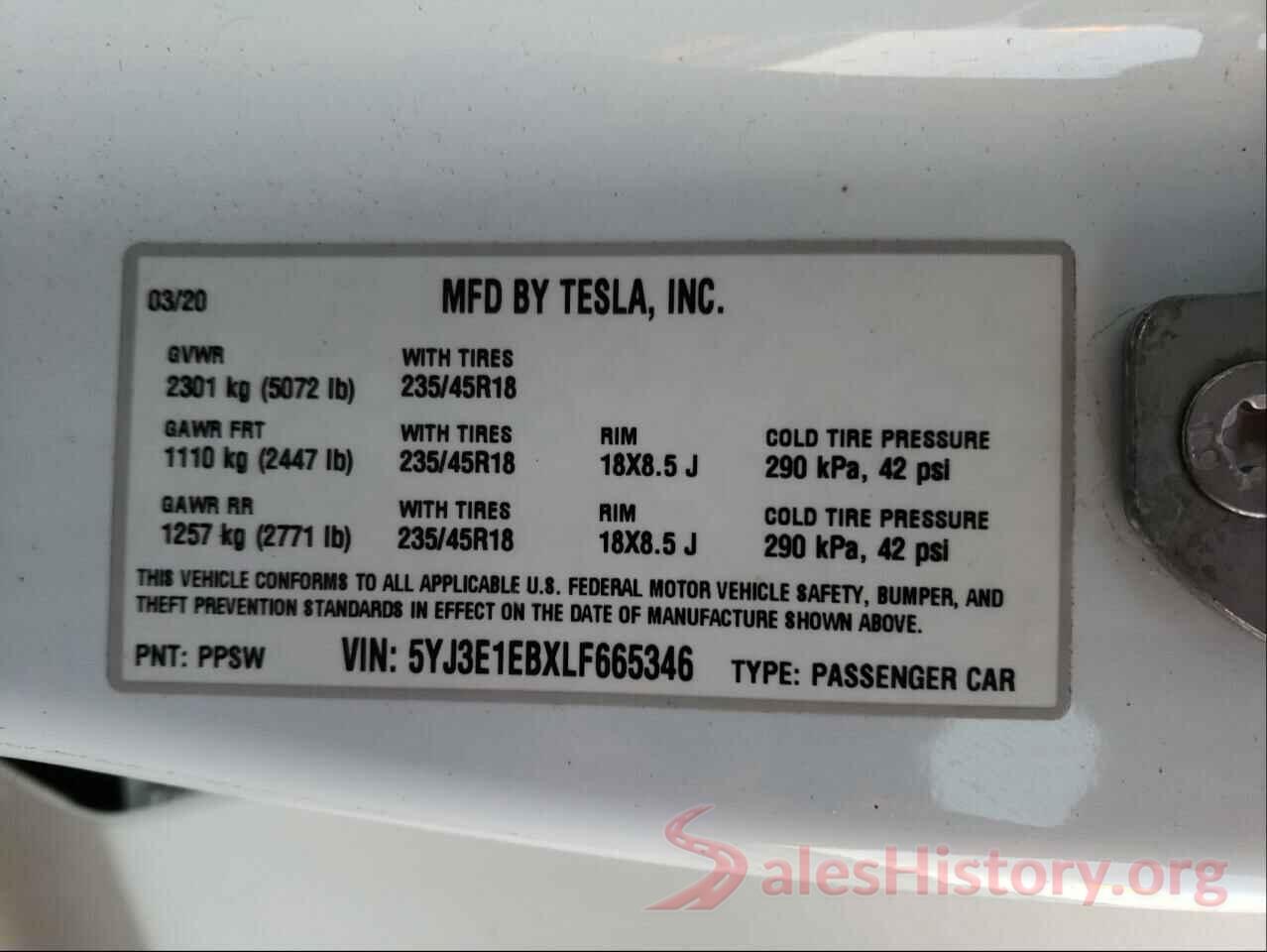 5YJ3E1EBXLF665346 2020 TESLA MODEL 3