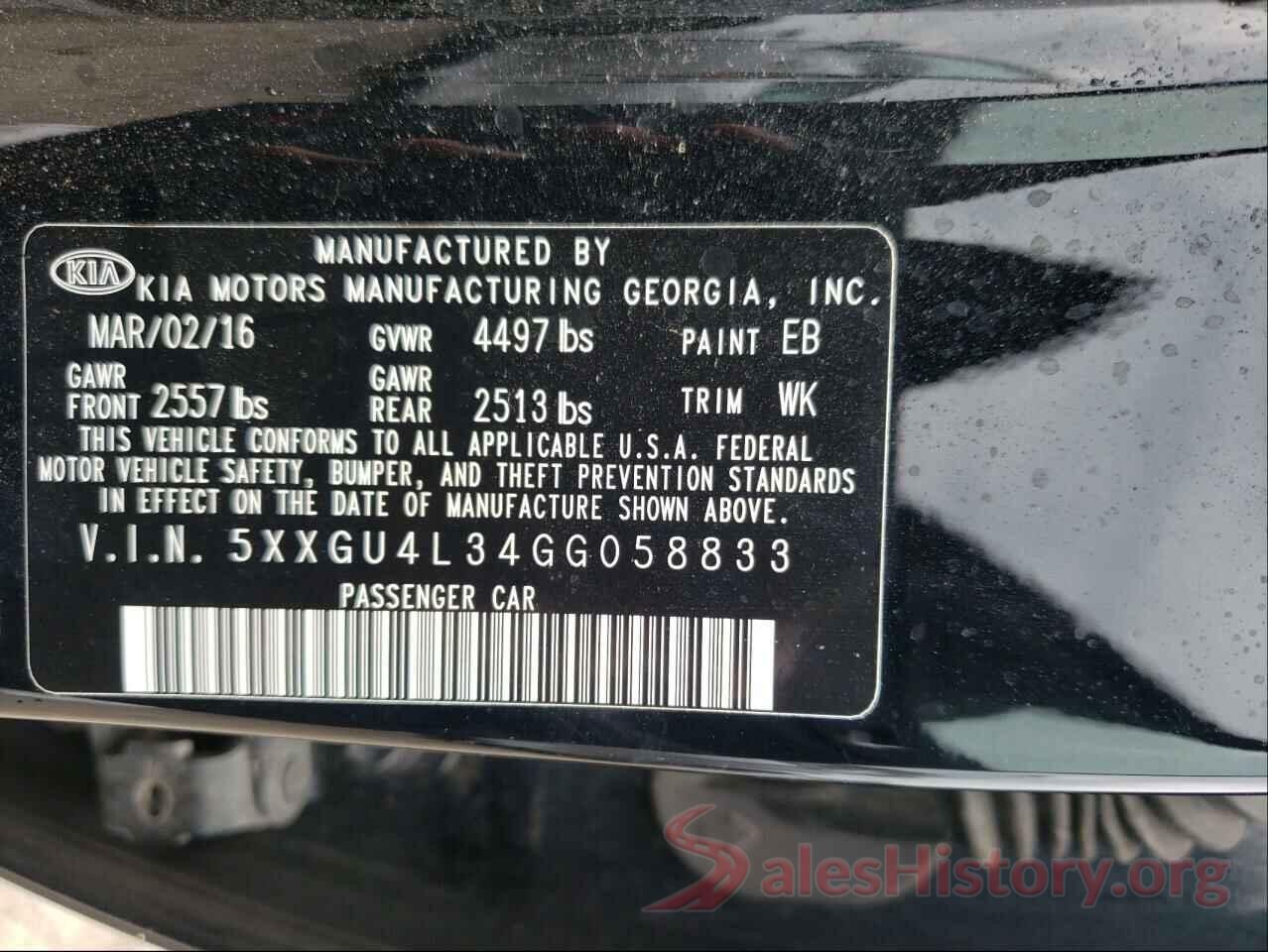 5XXGU4L34GG058833 2016 KIA OPTIMA