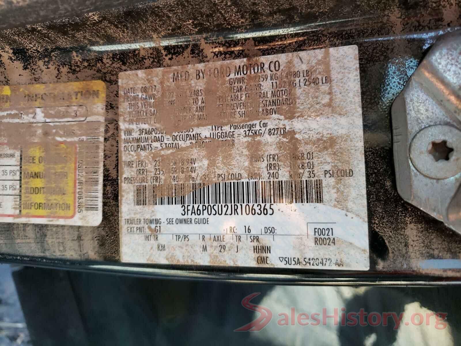 3FA6P0SU2JR106365 2018 FORD FUSION