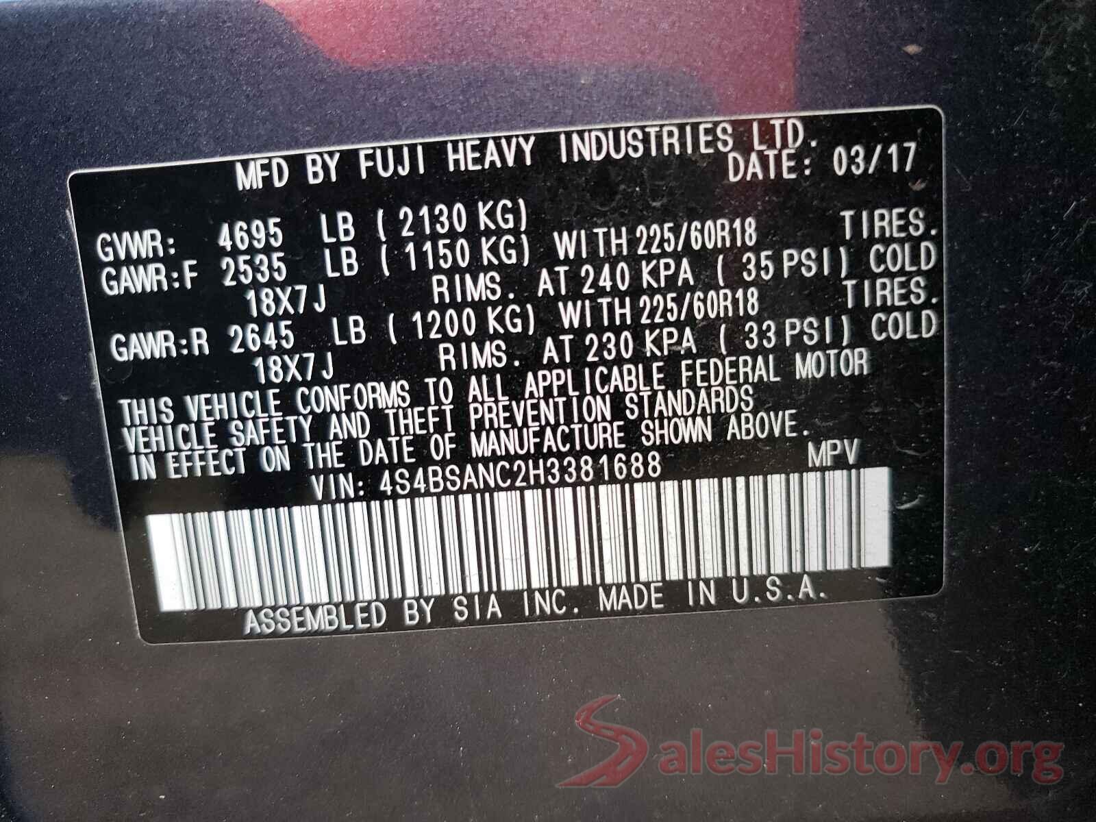 4S4BSANC2H3381688 2017 SUBARU OUTBACK