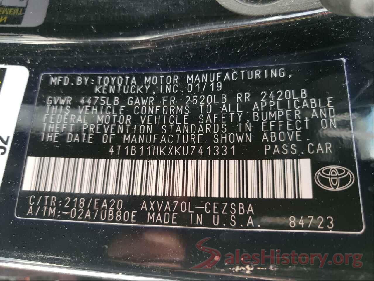 4T1B11HKXKU741331 2019 TOYOTA CAMRY