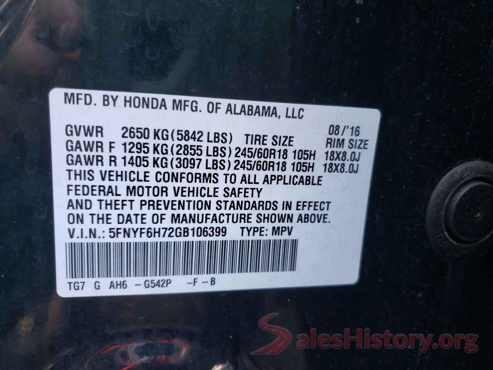 5FNYF6H72GB106399 2016 HONDA PILOT