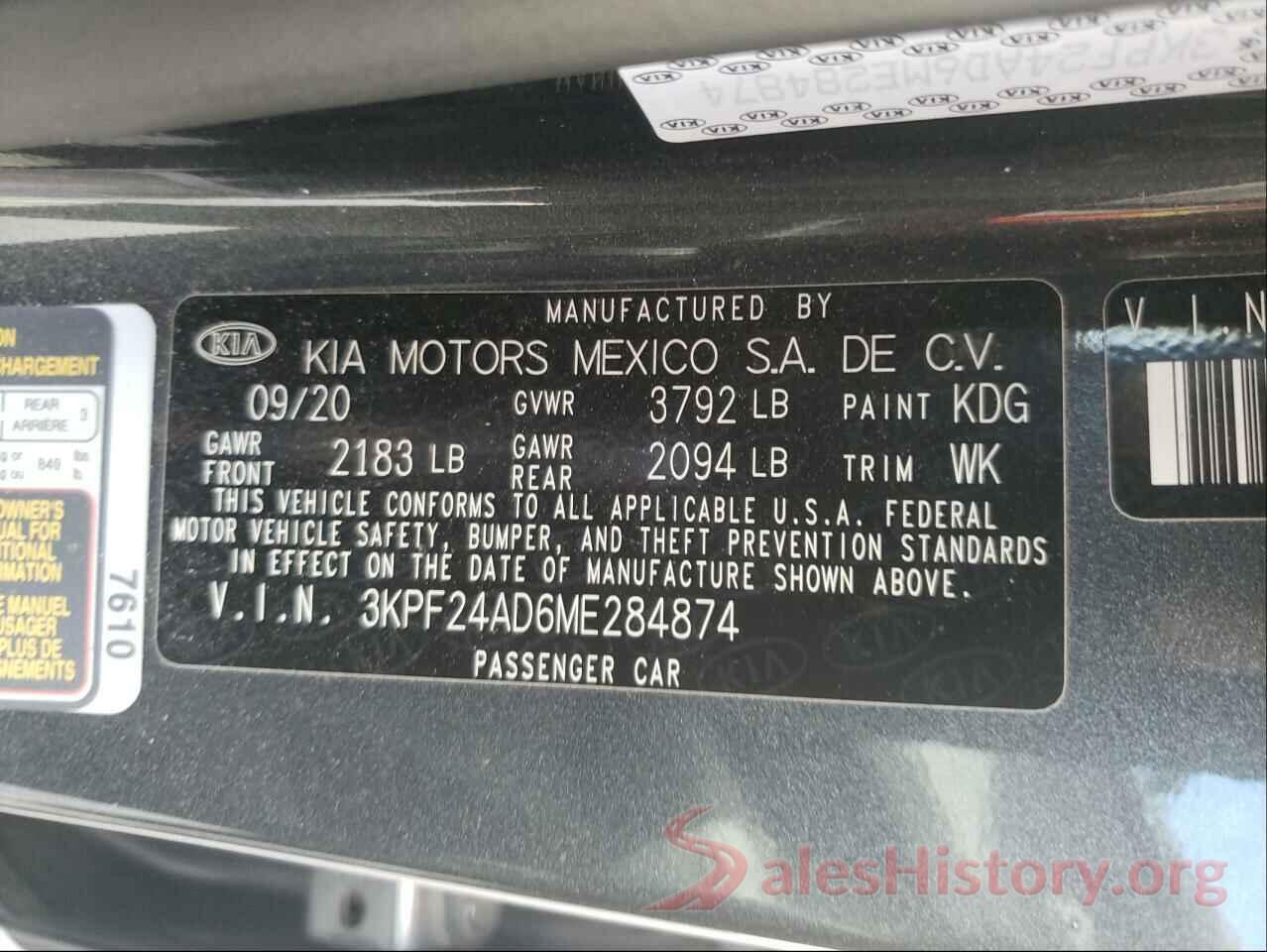 3KPF24AD6ME284874 2021 KIA FORTE