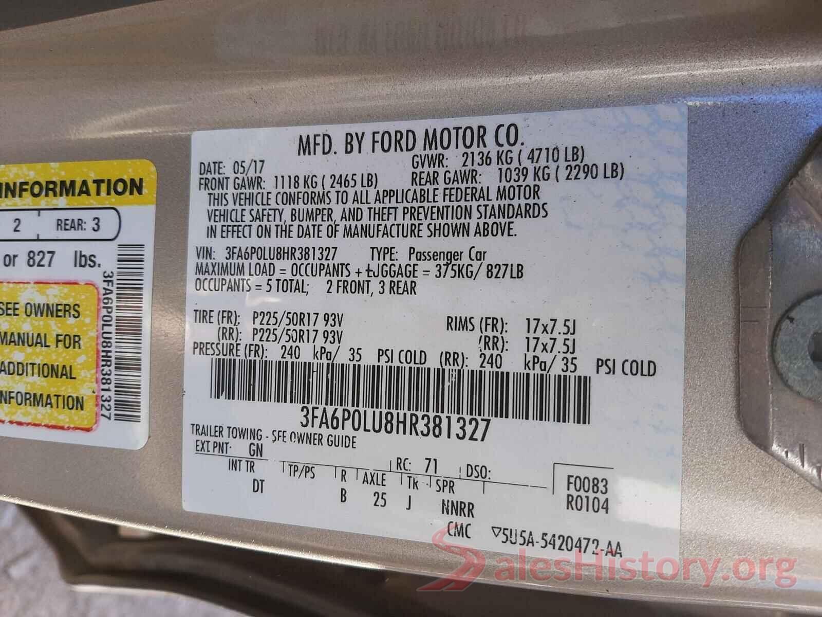 3FA6P0LU8HR381327 2017 FORD FUSION