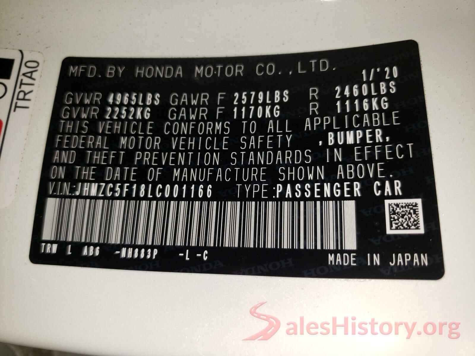 JHMZC5F18LC001166 2020 HONDA CLARITY