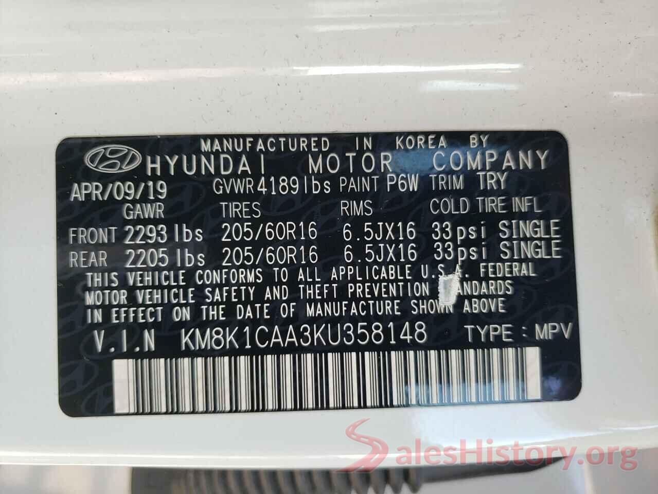 KM8K1CAA3KU358148 2019 HYUNDAI KONA