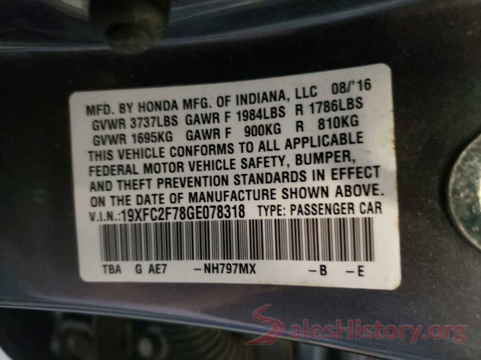 19XFC2F78GE078318 2016 HONDA CIVIC