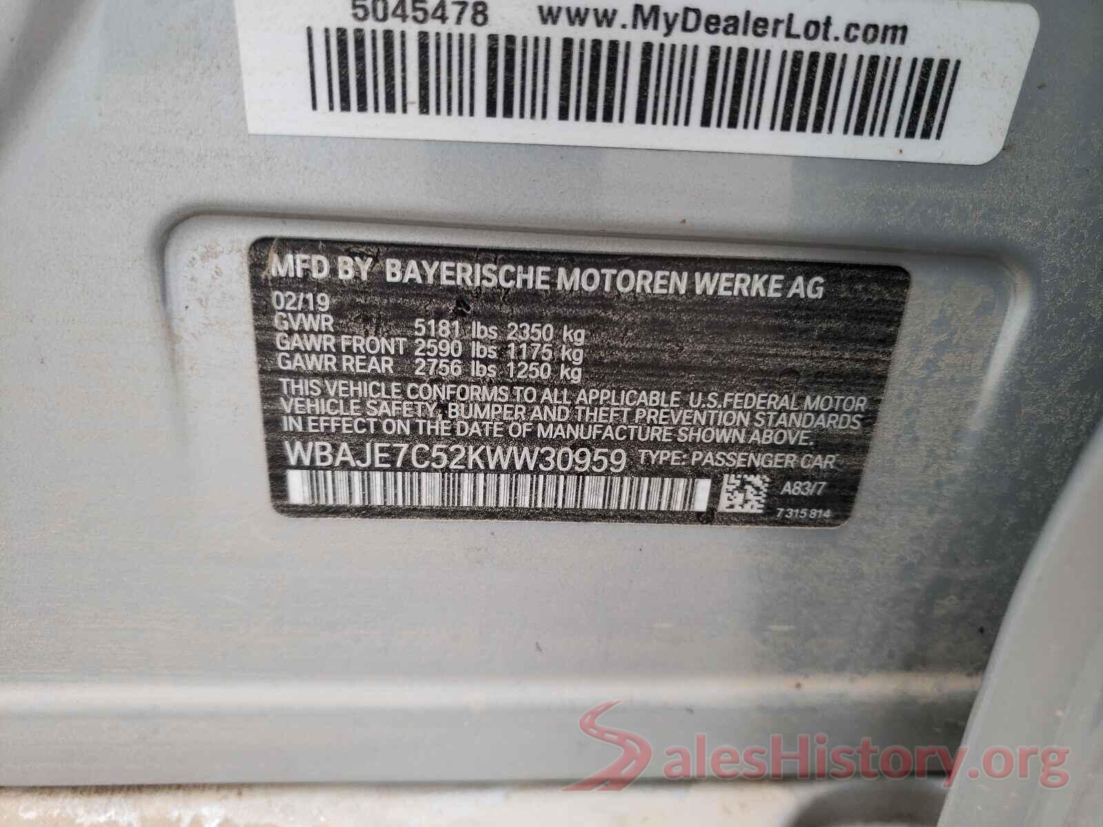 WBAJE7C52KWW30959 2019 BMW 5 SERIES