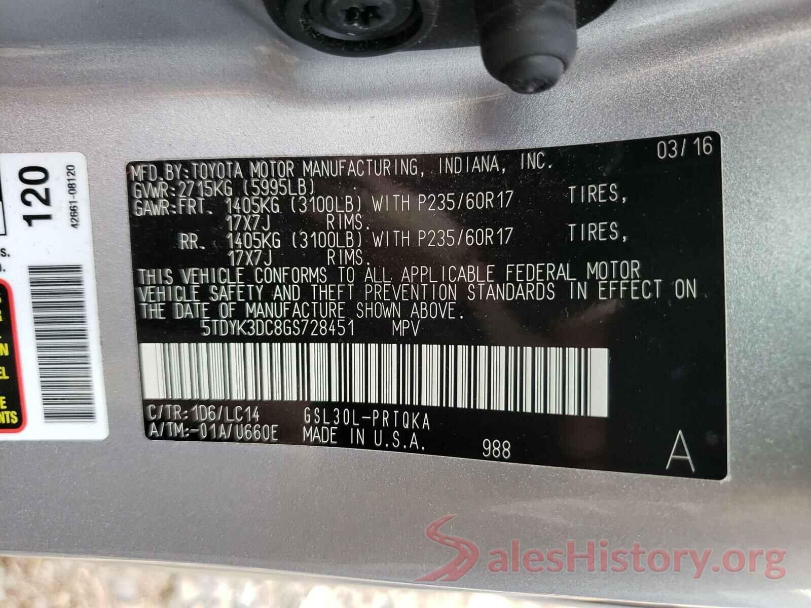 5TDYK3DC8GS728451 2016 TOYOTA SIENNA