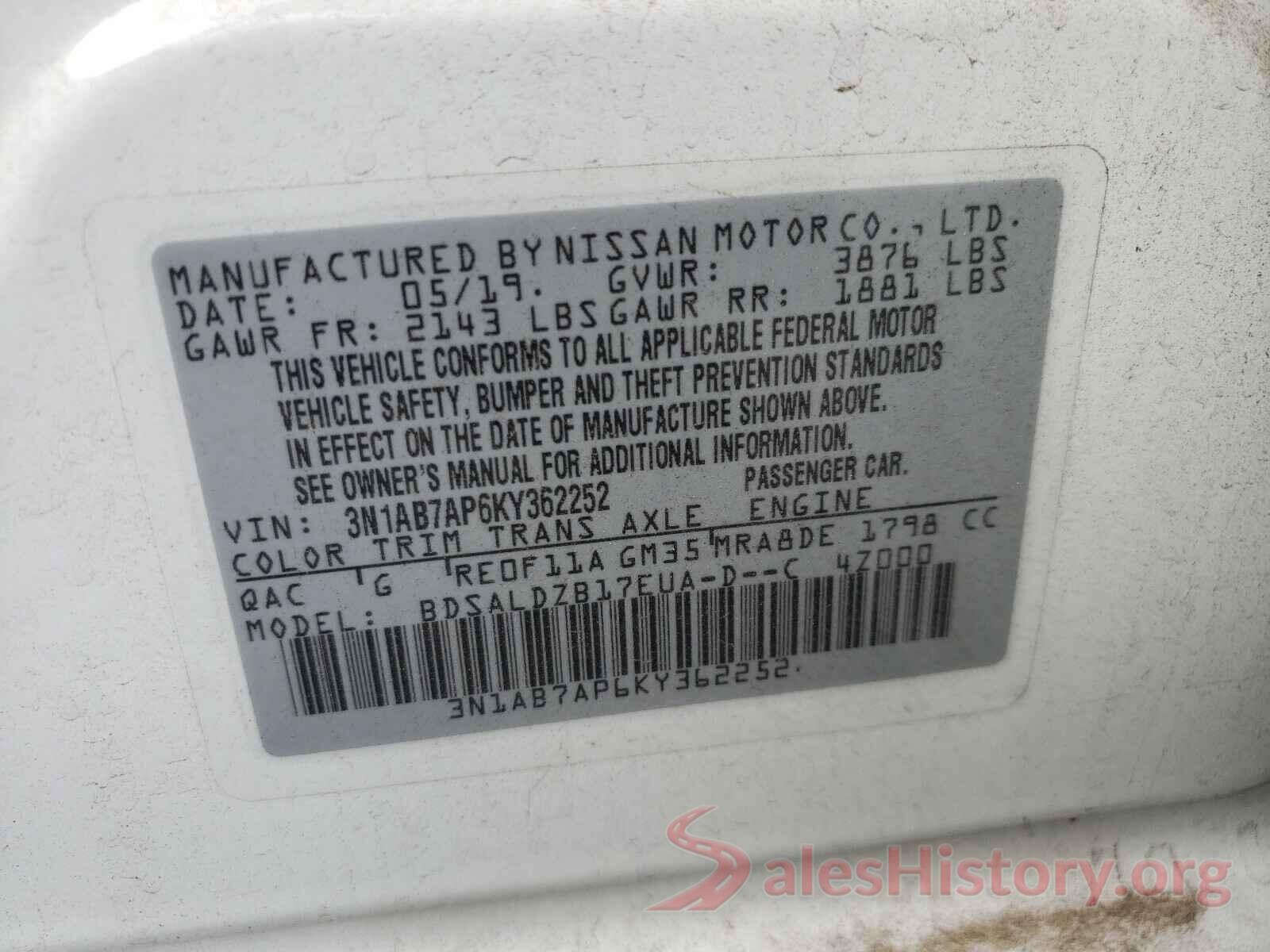 3N1AB7AP6KY362252 2019 NISSAN SENTRA