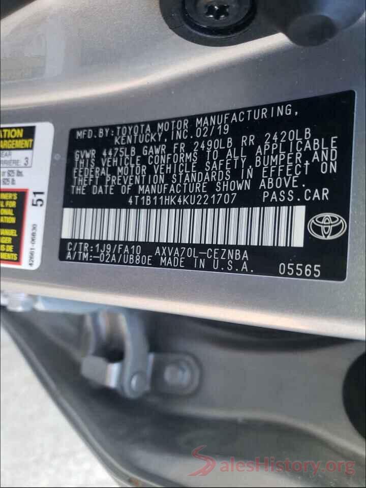 4T1B11HK4KU221707 2019 TOYOTA CAMRY