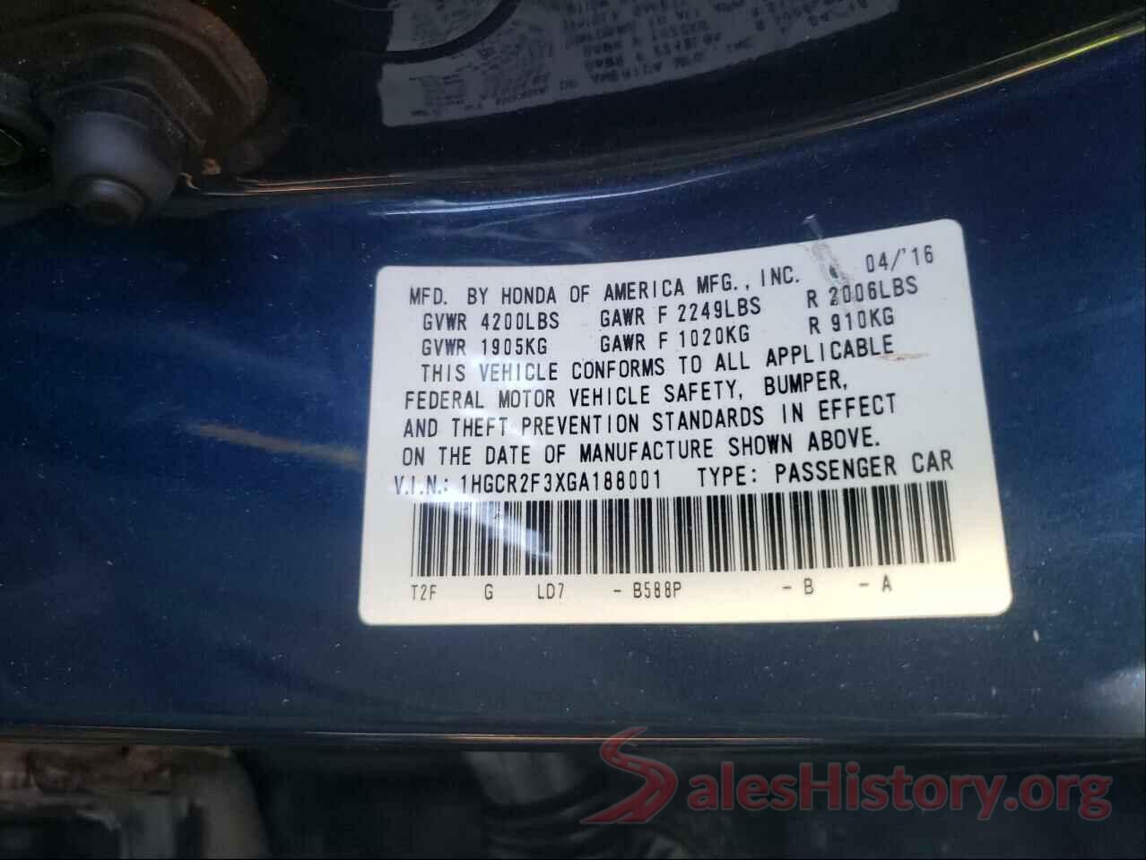 1HGCR2F3XGA188001 2016 HONDA ACCORD