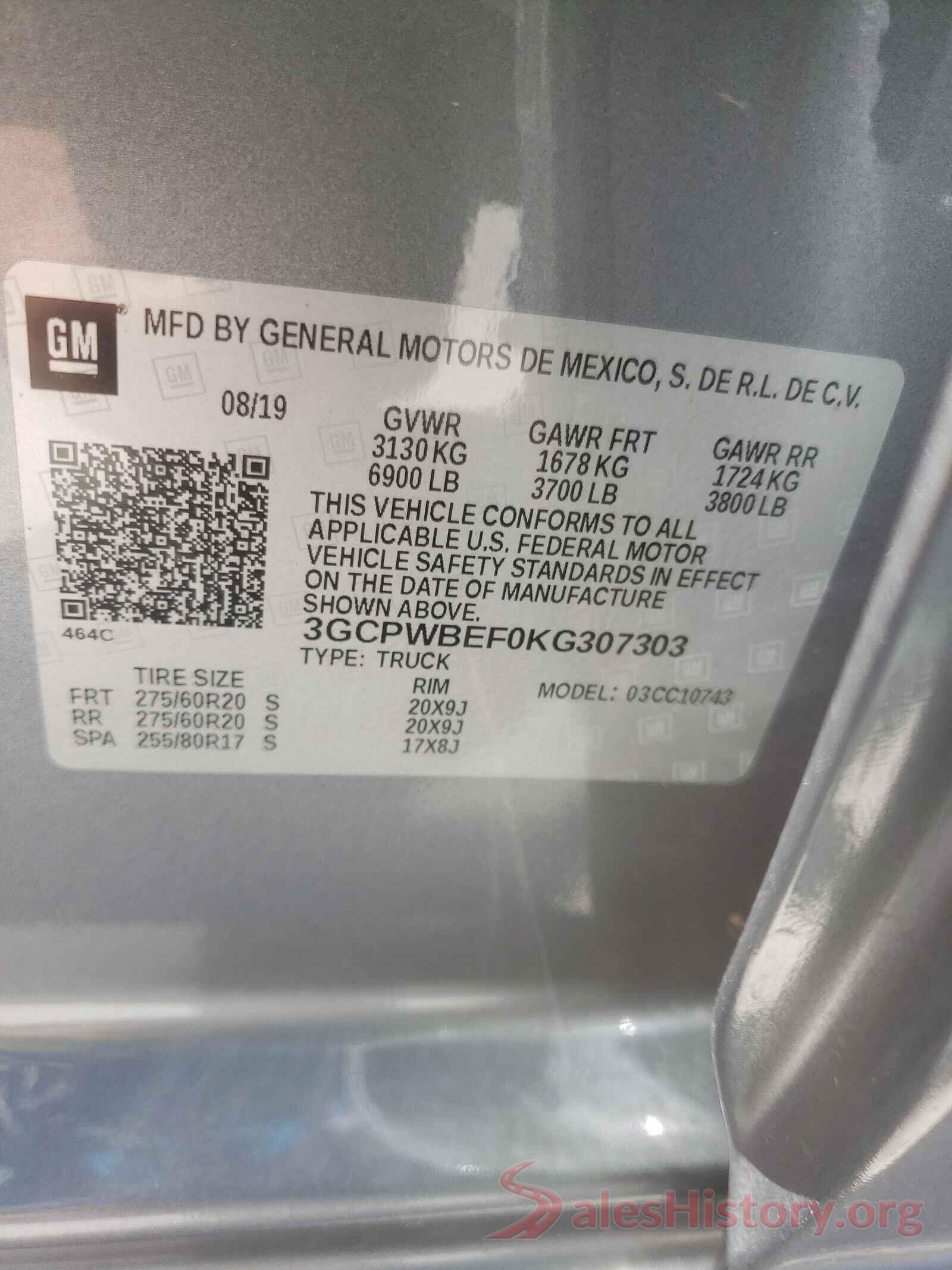 3GCPWBEF0KG307303 2019 CHEVROLET SILVERADO