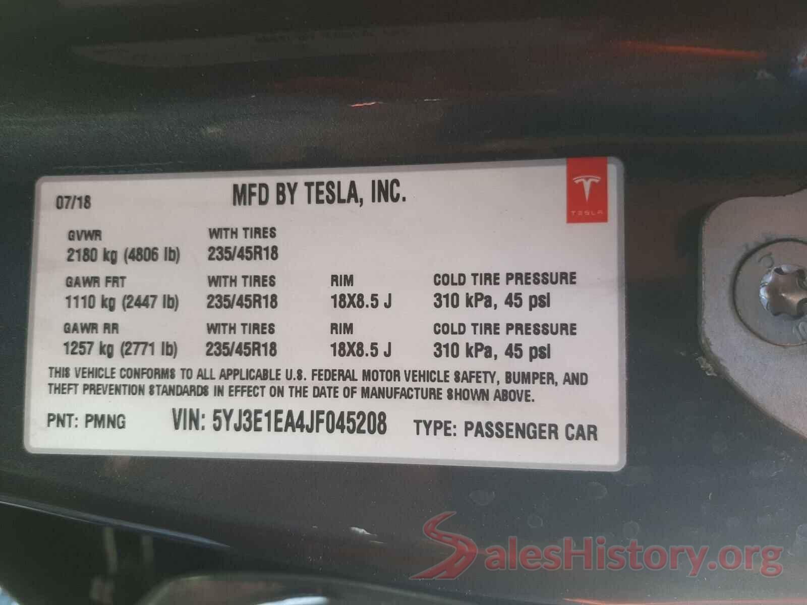 5YJ3E1EA4JF045208 2018 TESLA MODEL 3