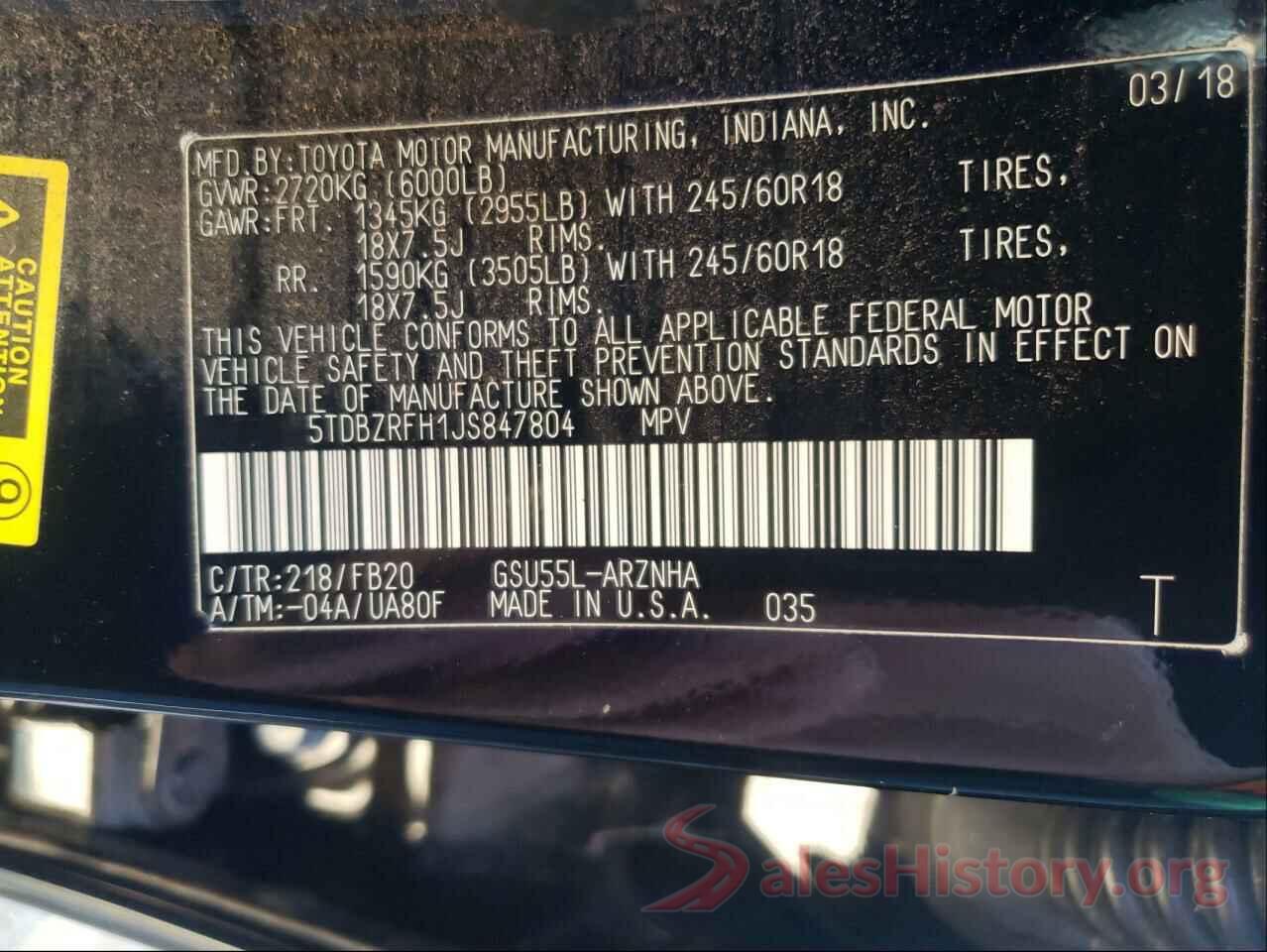 5TDBZRFH1JS847804 2018 TOYOTA HIGHLANDER