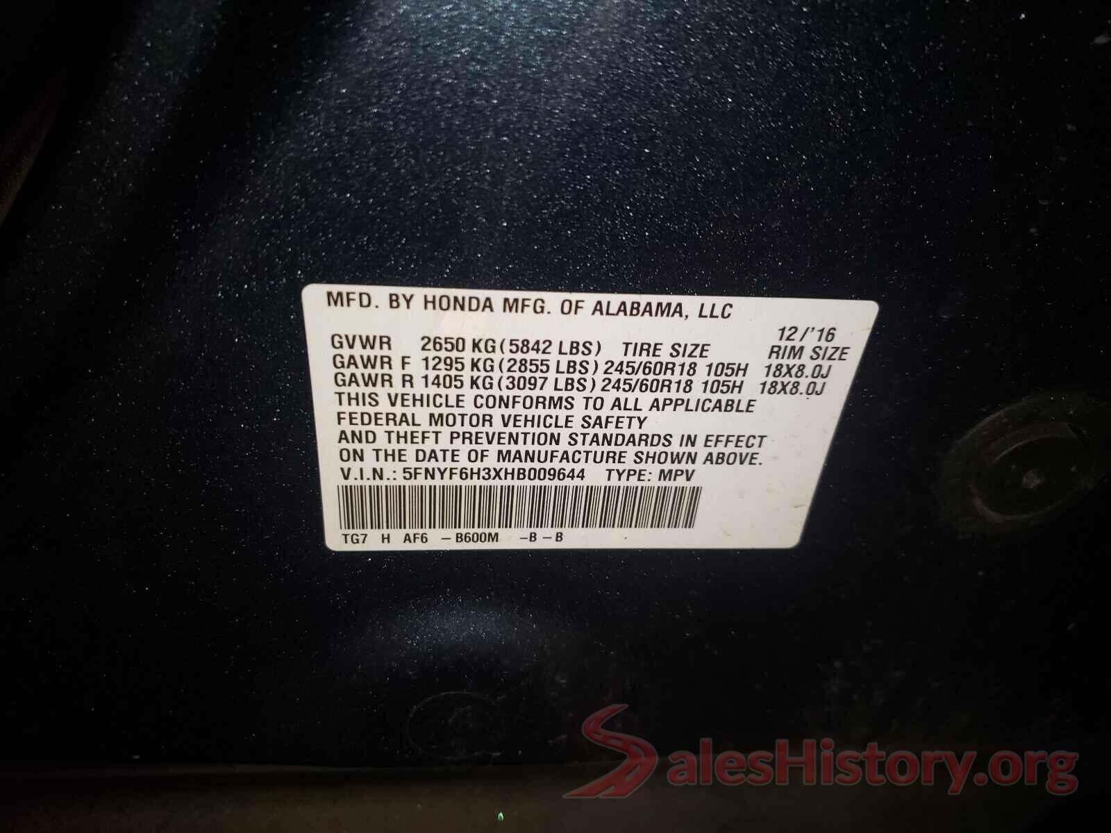 5FNYF6H3XHB009644 2017 HONDA PILOT