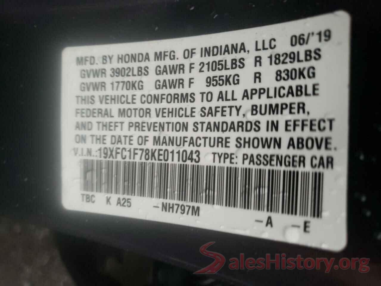 19XFC1F78KE011043 2019 HONDA CIVIC