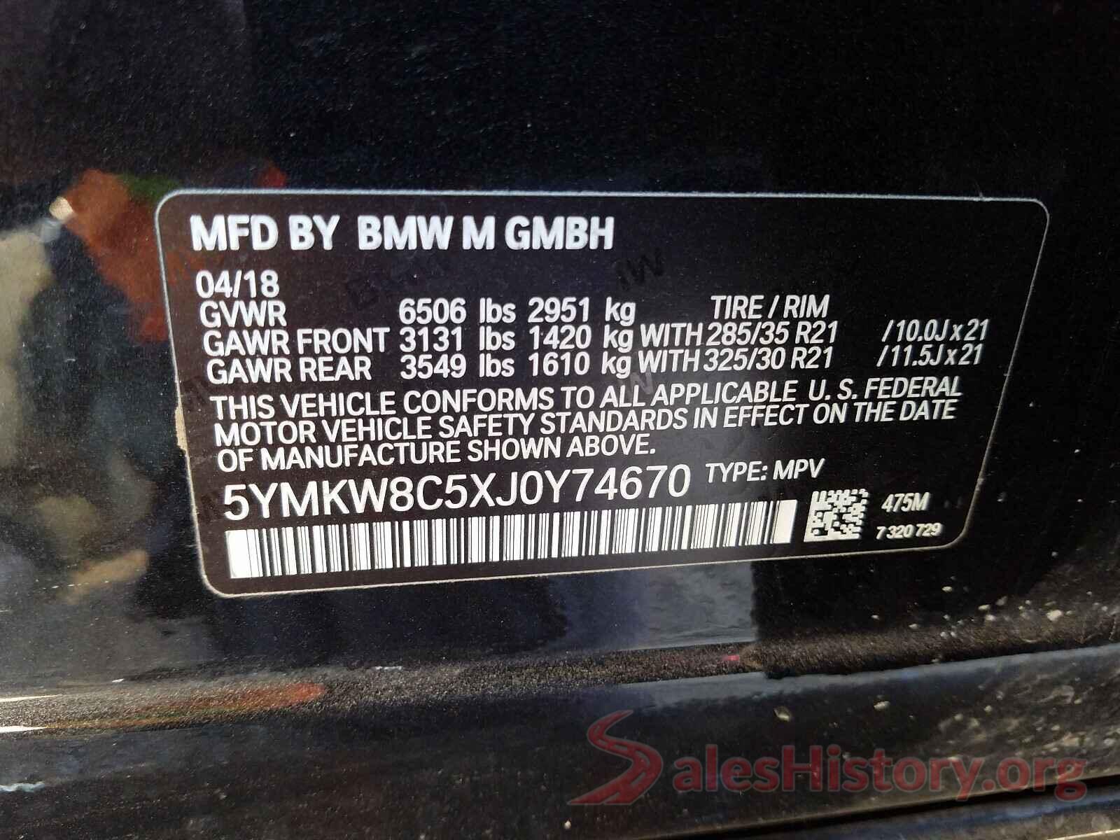 5YMKW8C5XJ0Y74670 2018 BMW X6