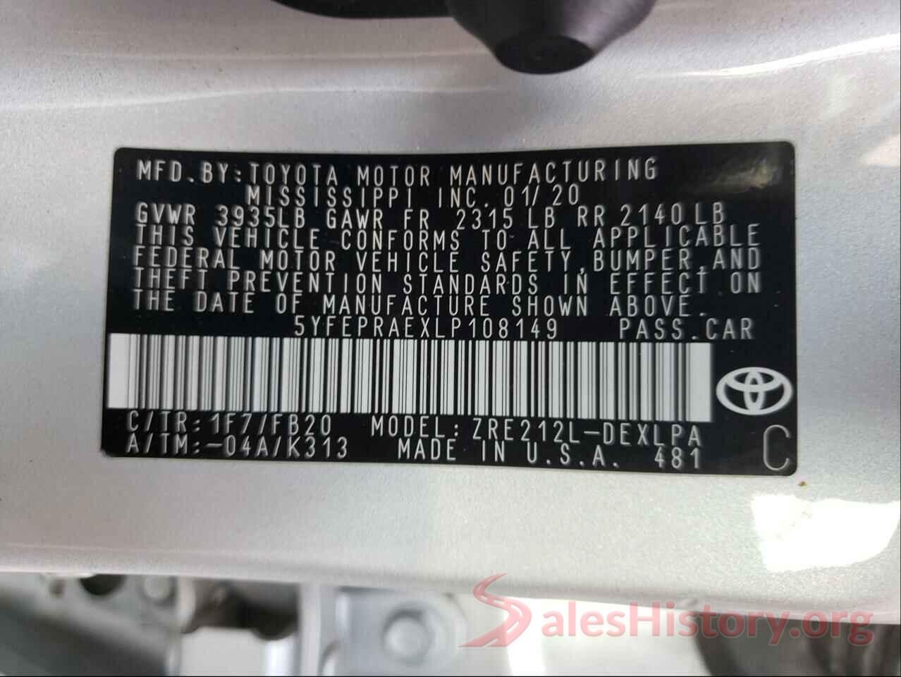 5YFEPRAEXLP108149 2020 TOYOTA COROLLA